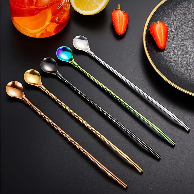 Set of 5 Stainless Steel Straws and Spoons Two-in-One Durable Reusable Drinking Utensils
