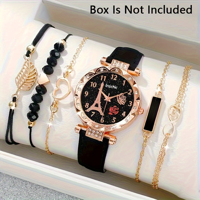 Six Pieces Women's Quartz Watches with PU Leather Wristbands Alloy Pointers Jewelry Gift Set