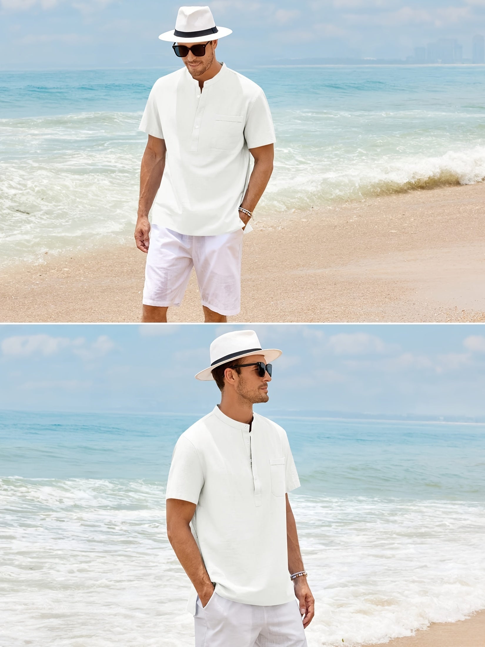 Men's Cotton Short Sleeve Shirt with Stand Collar and Pocket for Summer Beach Vacation