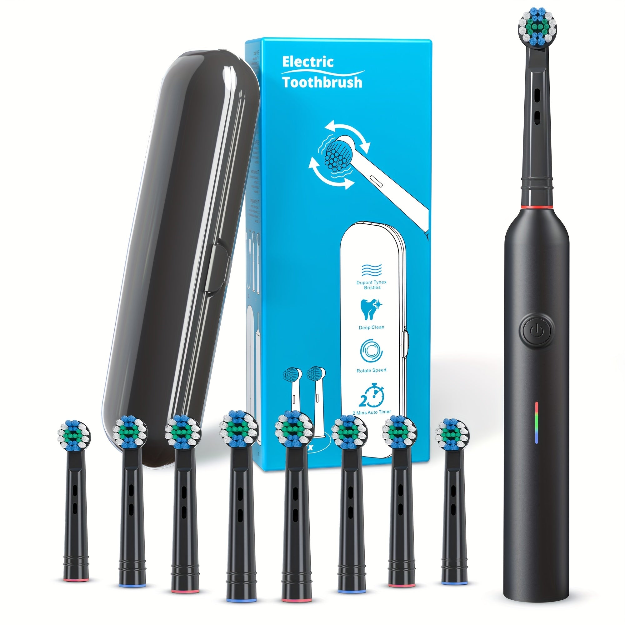 8 ta almashtiriladigan bosh va sayohat qutisi bilan elektr tish cho'tkasi