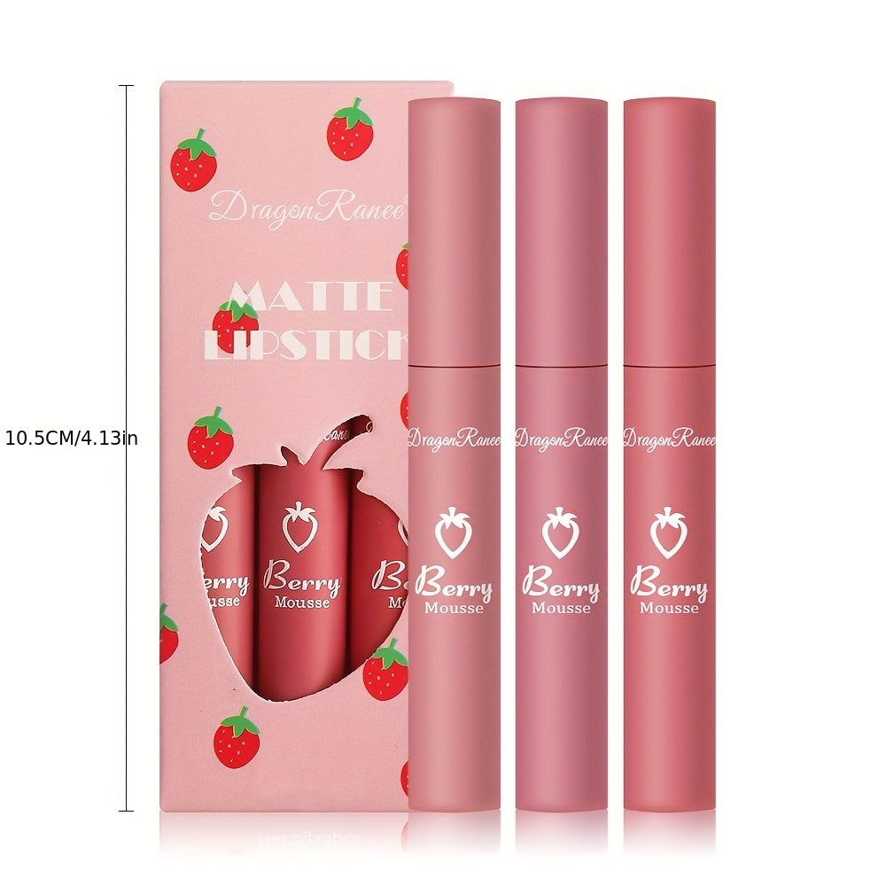 Set de 3 glosses de labios mate de terciopelo para mujer, colores fresa, no pegajoso