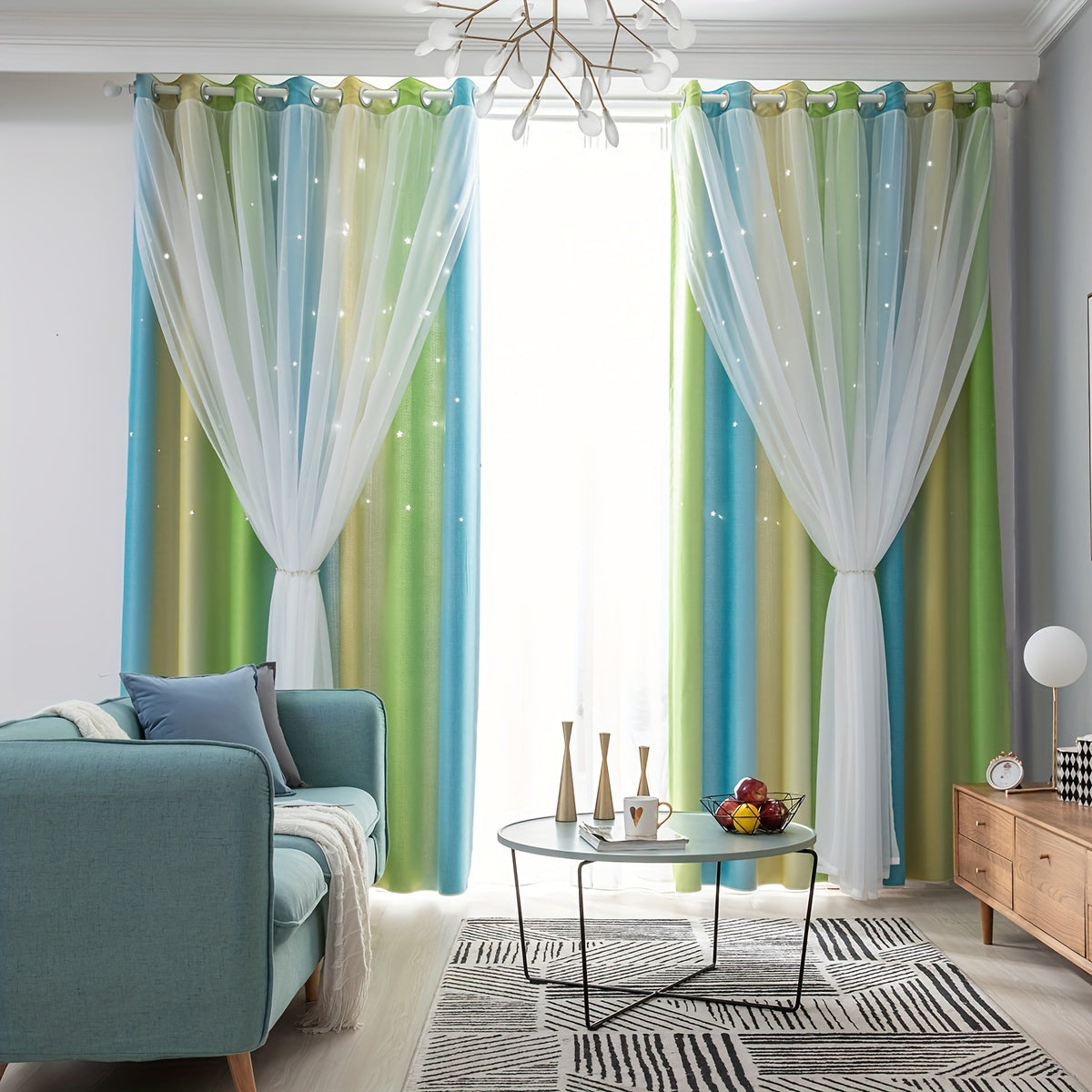 Gradient Blackout Curtains for Bedroom and Living Room Star Pattern Window Drapes