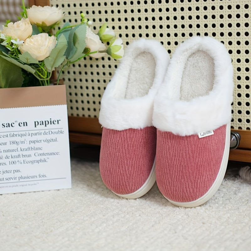Unisex Fuzzy Slip-On Indoor House Slippers Warm Thick Plush Red Gray Beige