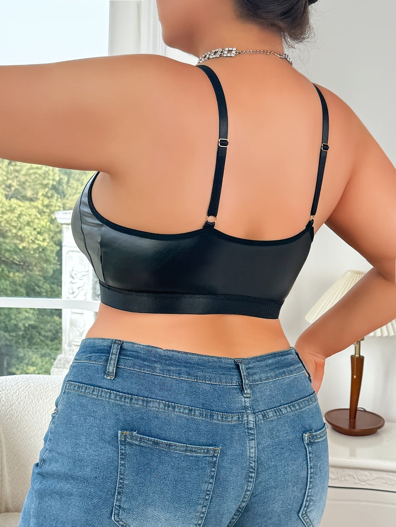 Plus Size Female Lingerie Crop Top Bra Faux Leather Backless Lace Trim