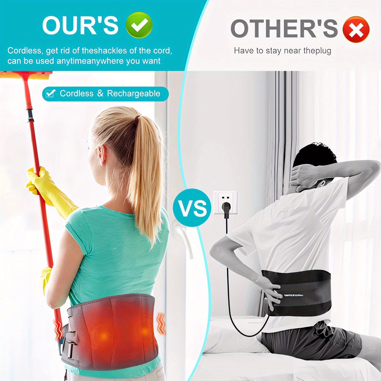 Беспроводной грелка с функциями массажа, перезаряжаемый аккумулятор для облегчения боли в спине, подходит для мужчин и женщин