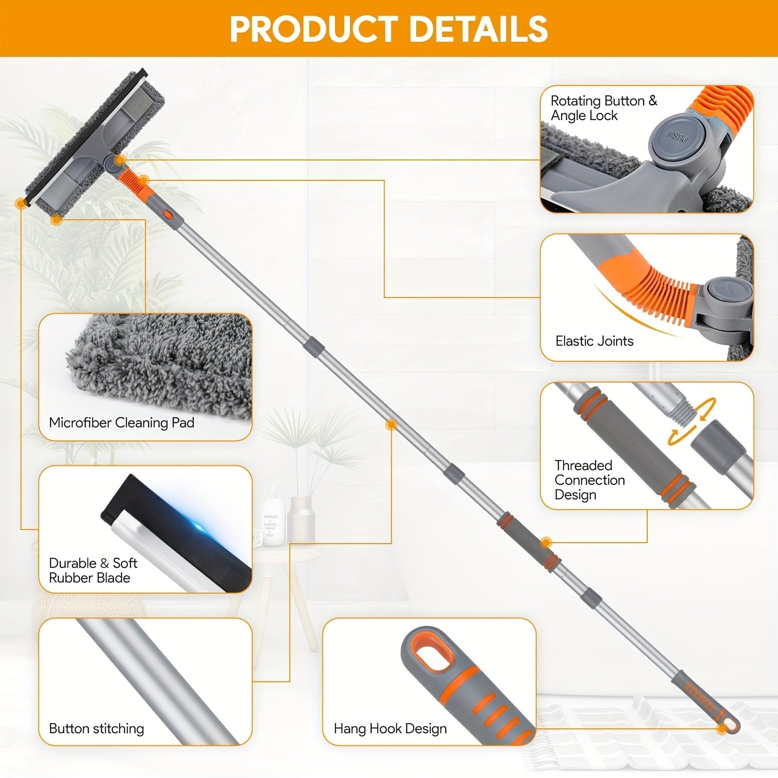 Набор для мытья окон с удлинительной штангой, оснащенный гибкой головкой, скребком и мойкой, идеально подходит для высоких окон как внутри, так и снаружи. Отлично подходит для спален, гостиных, ванных комнат и других задач по очистке стекол.
