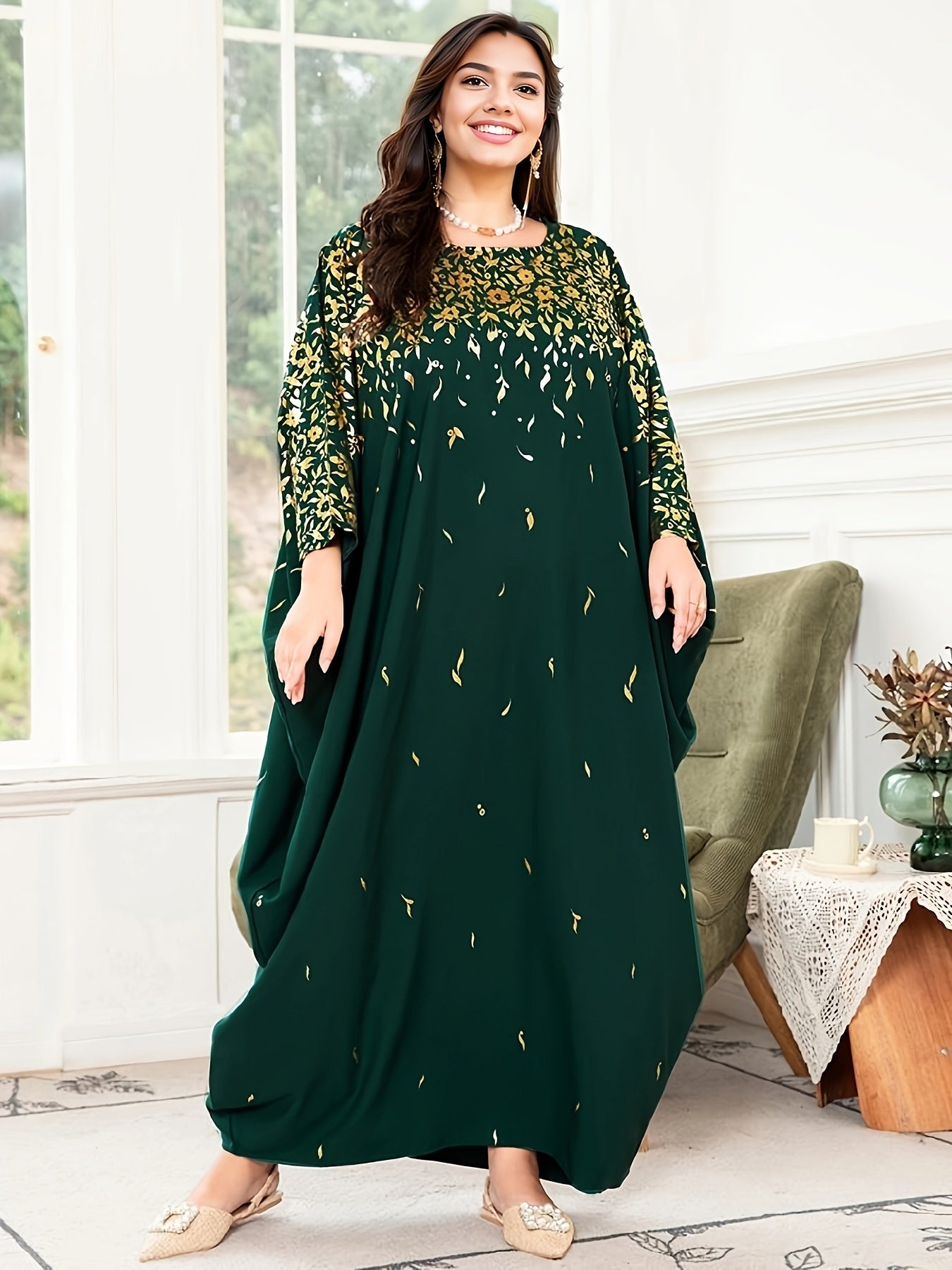 Women's Plus Size Floral Print Batwing Sleeve Maxi Dress