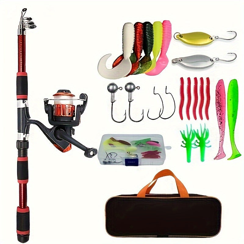 Telescopic Fishing Rod and Spinning Reel Set with Baits Hooks and Storage Bag