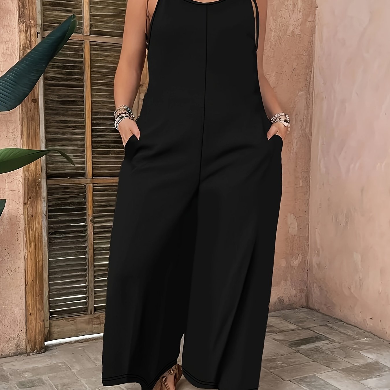 Plus Size Black Sleeveless Jumpsuit for Women Wide-Leg High-Waisted Summer Casual Formal