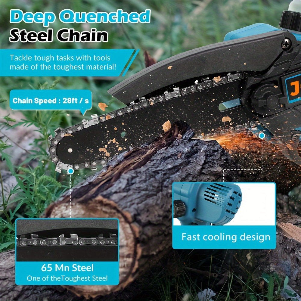 Mini Cordless Chainsaw 15.24cm with 2 Batteries Automatic Oiler Safety Lock