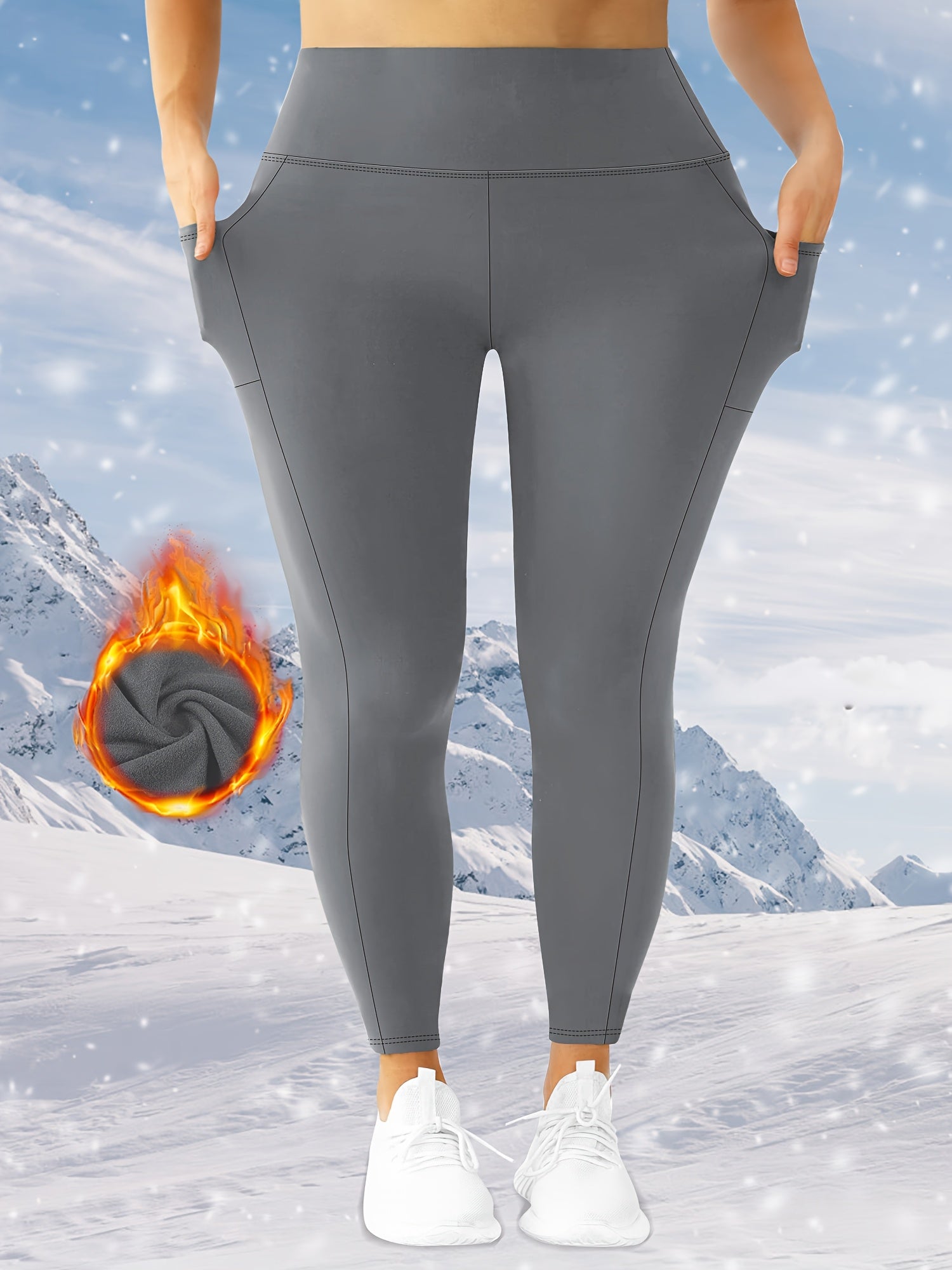 Women's Plus Size High Waist Fleece Yoga Pants with Pockets and Temperature Sensing