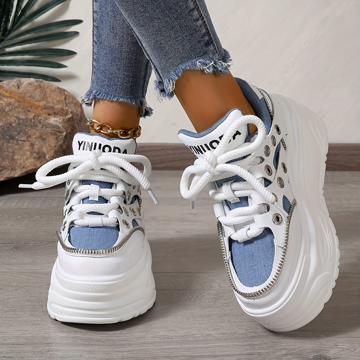 Women's Chunky Platform Sneakers Mid Top EVA Lace-Up Fashion Shoes