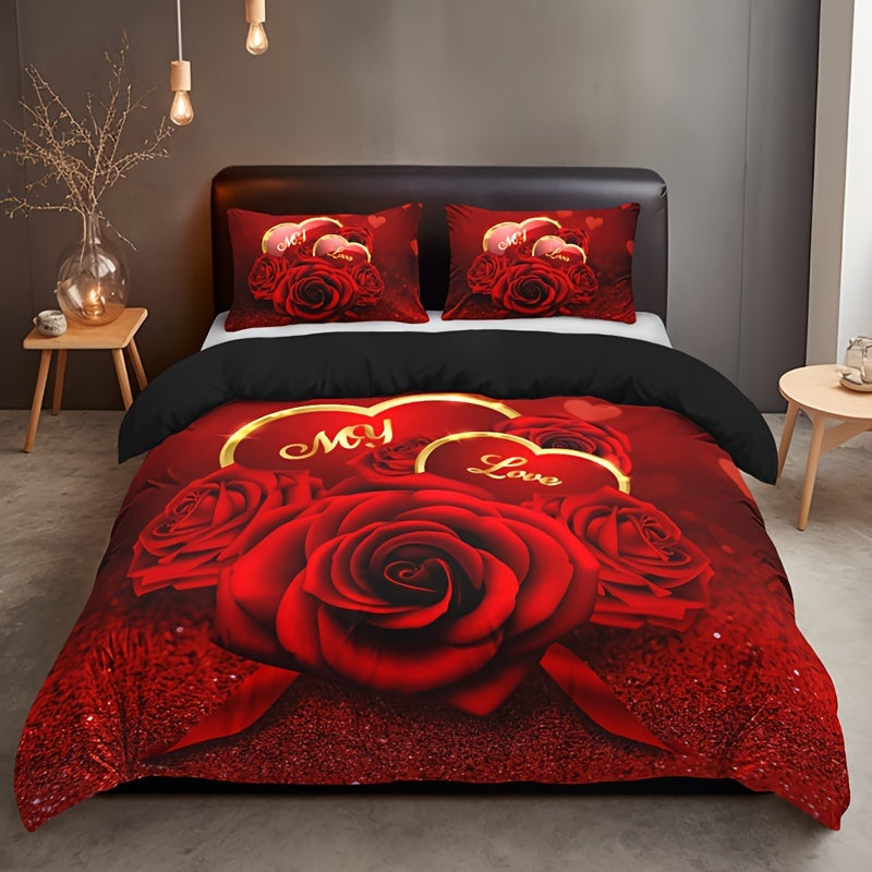 Romantic Red Rose Love Floral Duvet Cover Set 3 Pieces Bedding with Valentine's Day HD Print