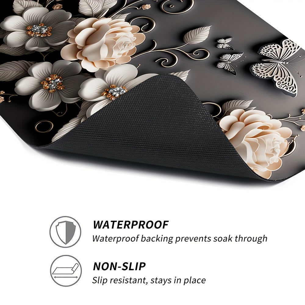 Black Floral Print Washing Machine Dust Cover Mat 50x60cm Quick-Dry Polyester