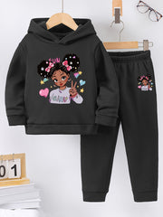 Girls' Fleece-Lined Autumn Winter Hoodies and Sports Pants with Printed Patterns