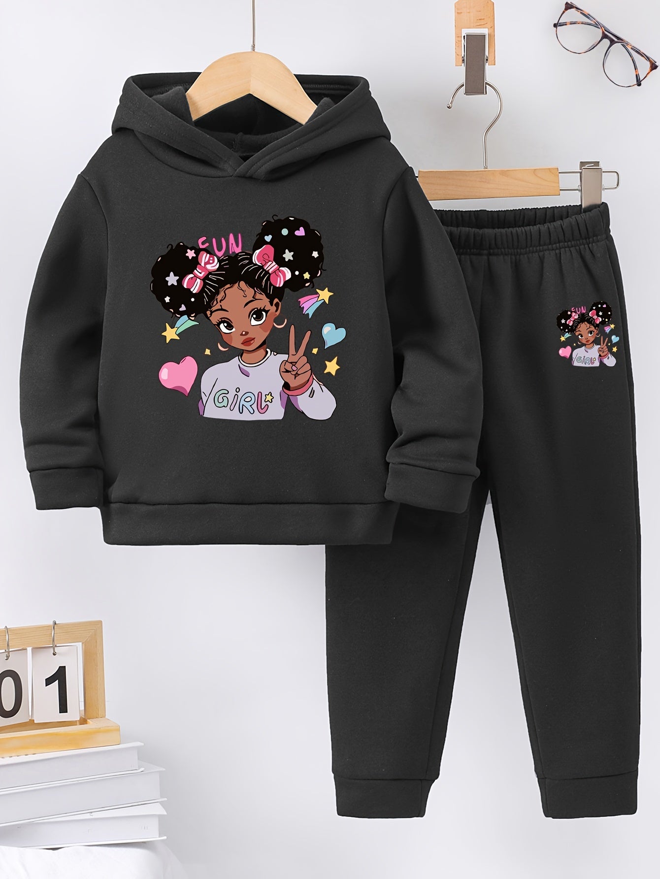 Girls' Fleece-Lined Autumn Winter Hoodies and Sports Pants with Printed Patterns