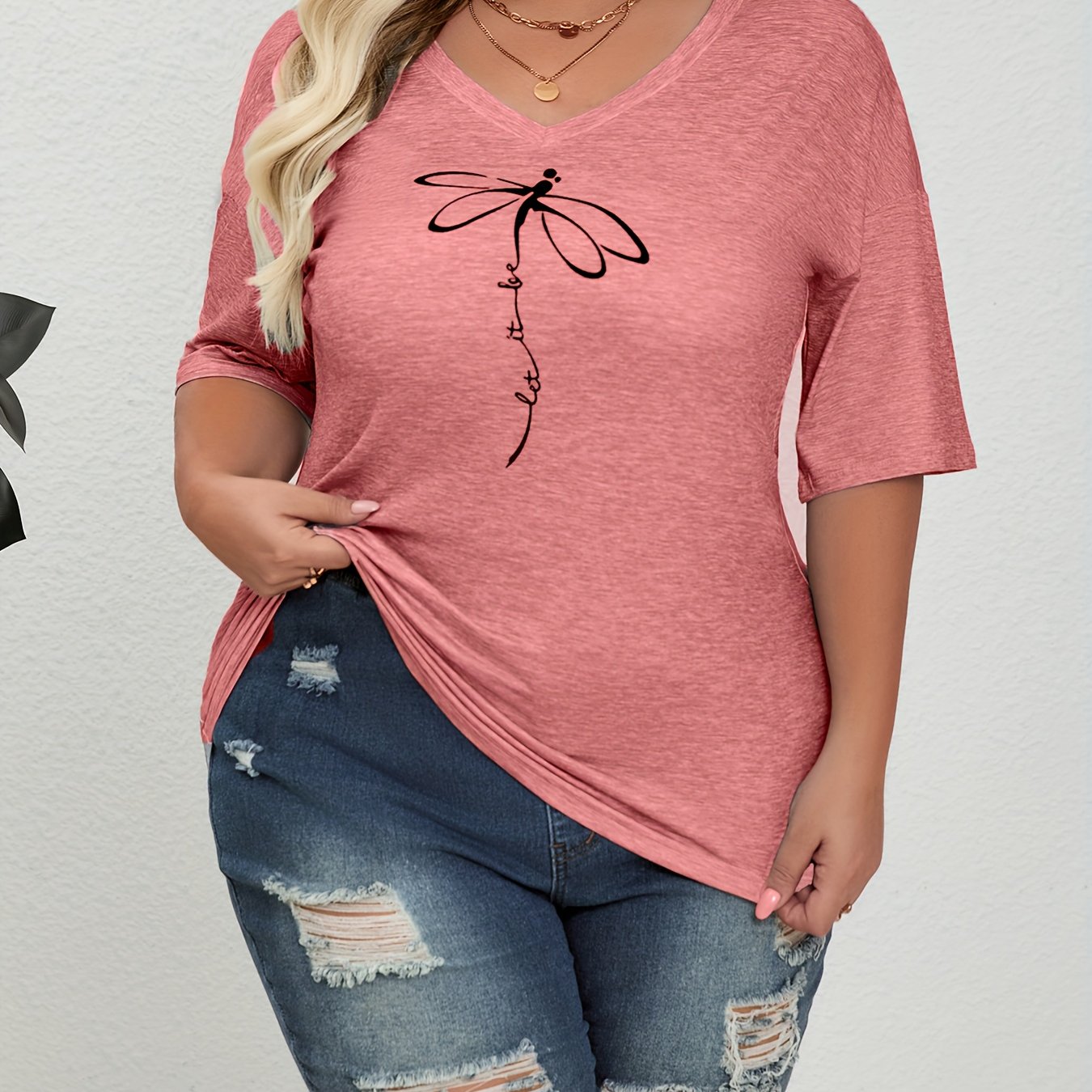 Plus Size Short-Sleeve Floral T-Shirt for Home and Travel Spring Summer