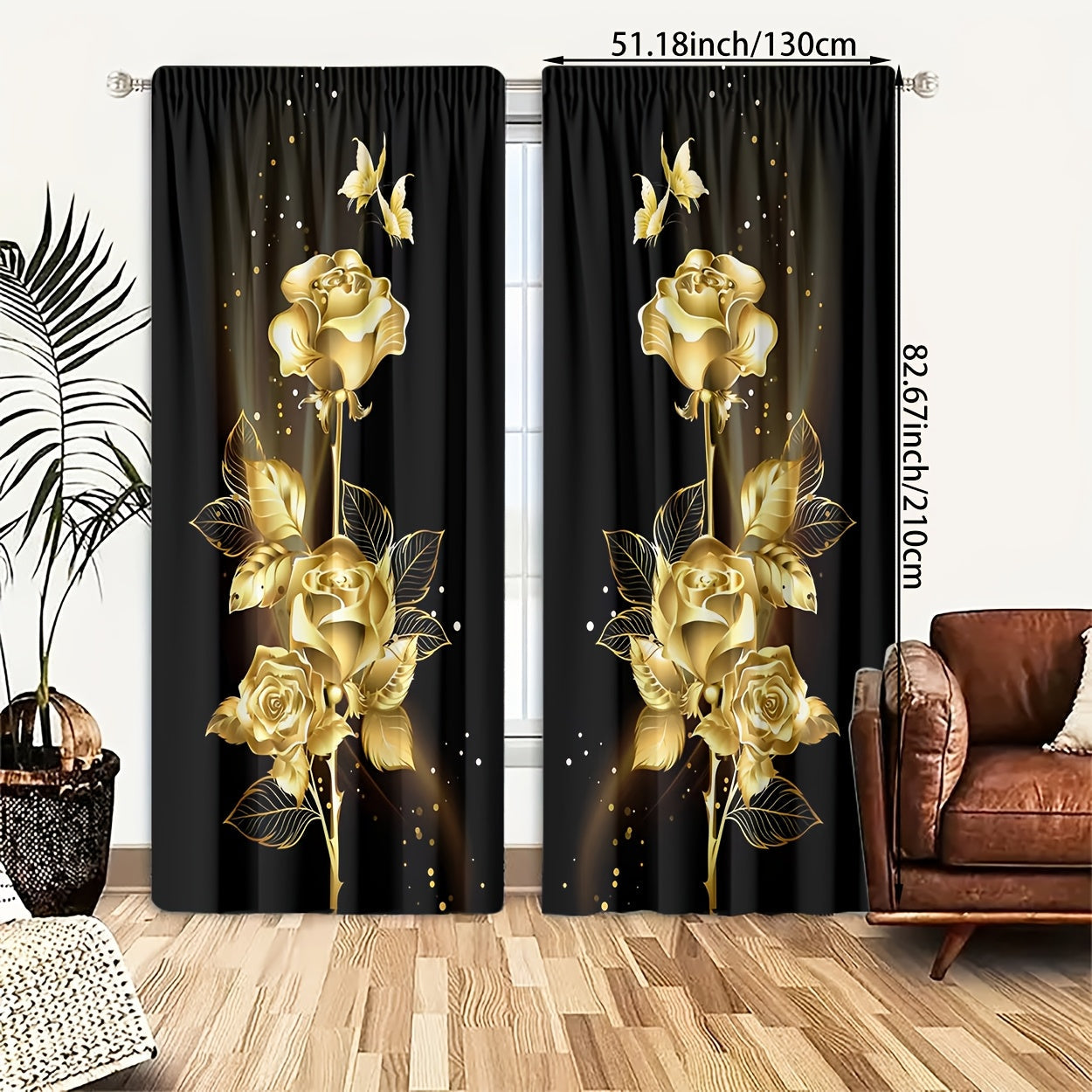 Semi-Transparent Polyester Curtains with Golden Roses and Butterflies for Living Room or Bedroom