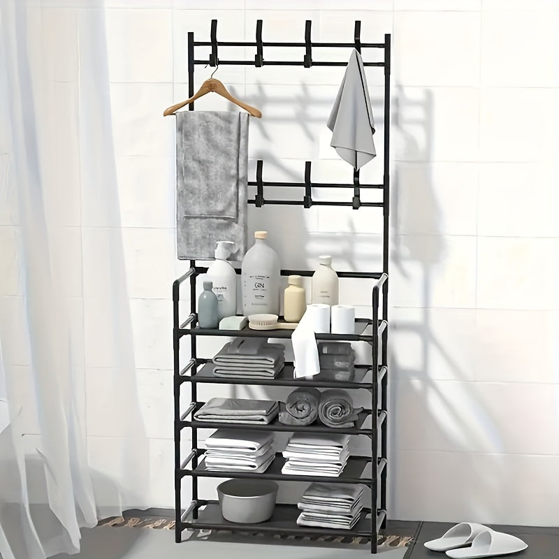 3-in-1 Metal Shoe Rack with Dust Cloth and Hooks for Entryway Living Room Bedroom