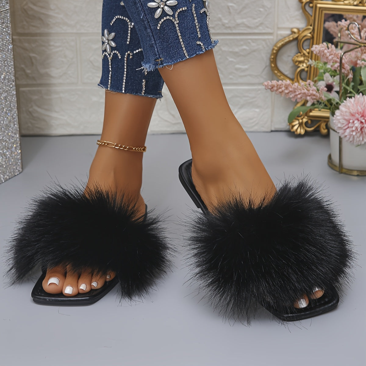 Ayollar uchun ochiq-oyoq, yopilmaydigan, faux mo'ynali chetli maktablar, mikrofiber, rezina tagli