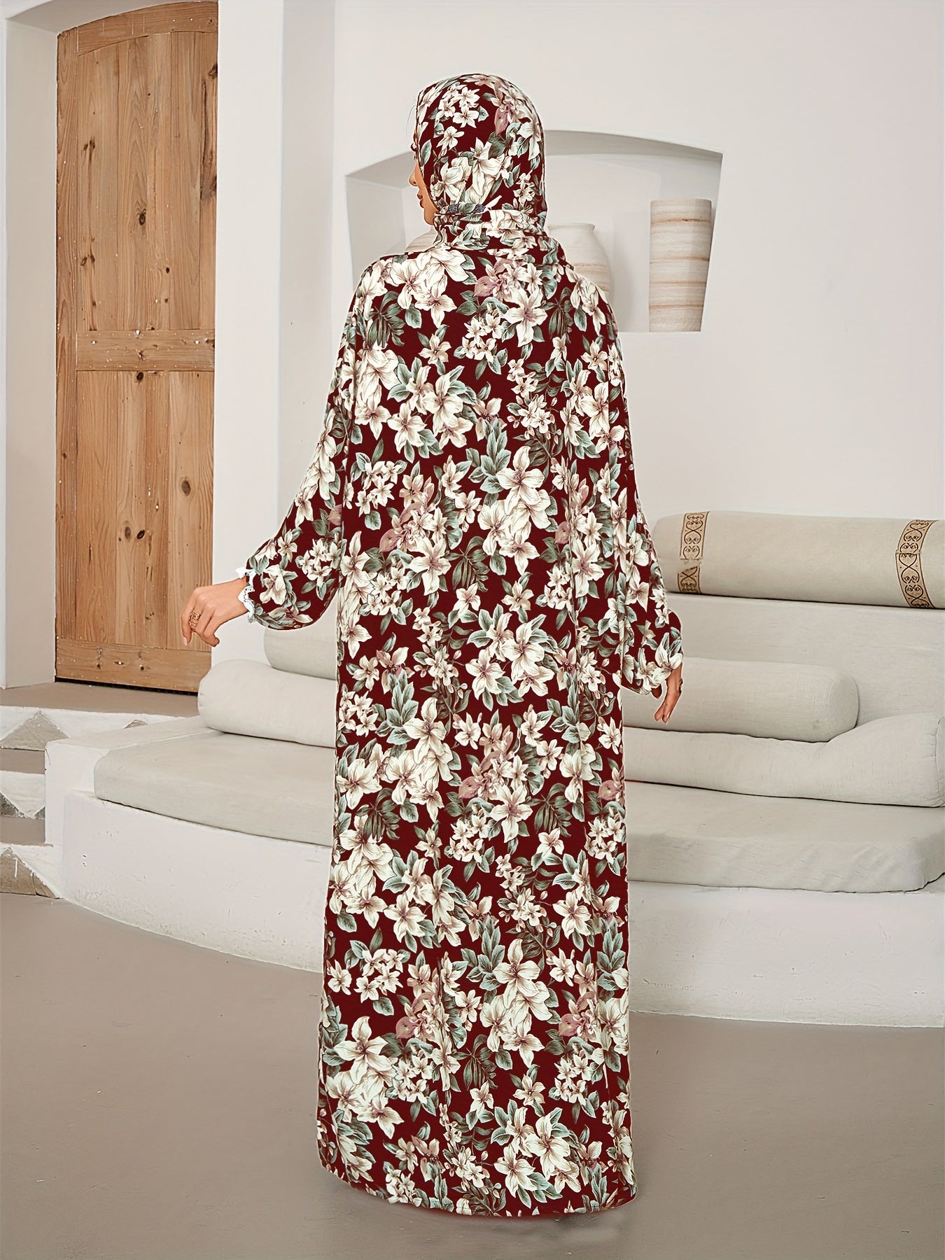 Muslim Women Prayer Robe Set With Printed Scarf Stylish and Comfortable