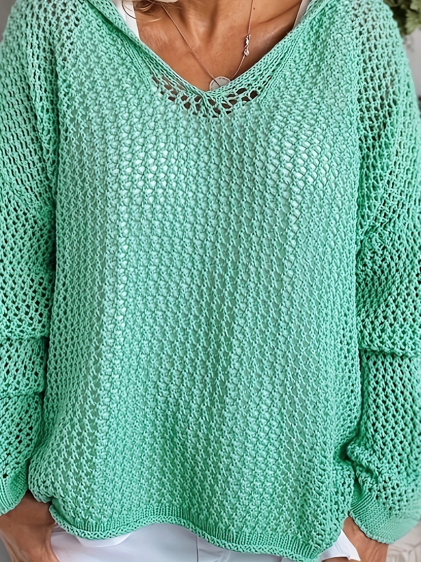 Women's Light Blue Crochet Hooded Beach Cover-Up Long Sleeve Plus Size