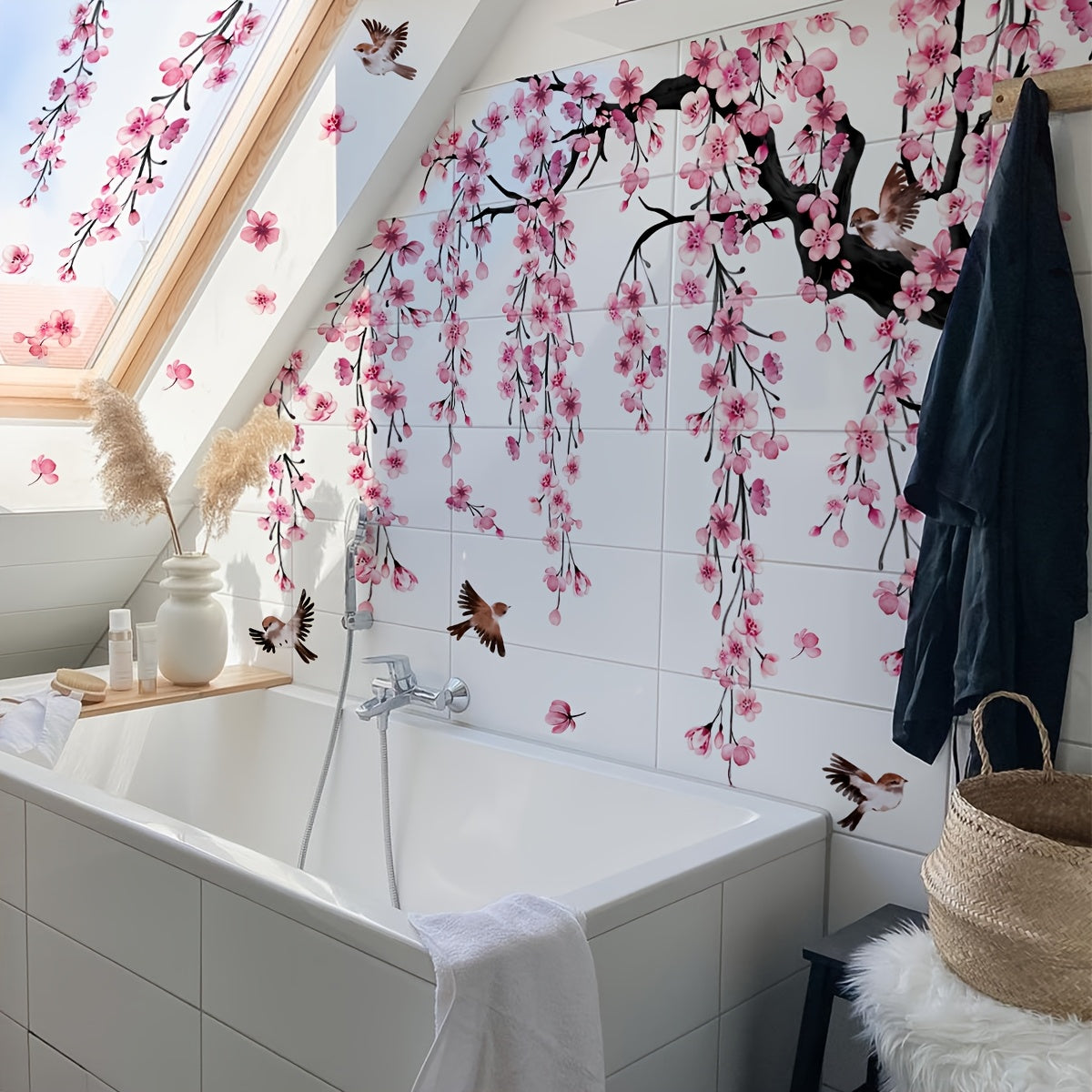 Juego de 4 calcomanías de pared de árboles de flor de durazno rosa para sala de estar, dormitorio, baño