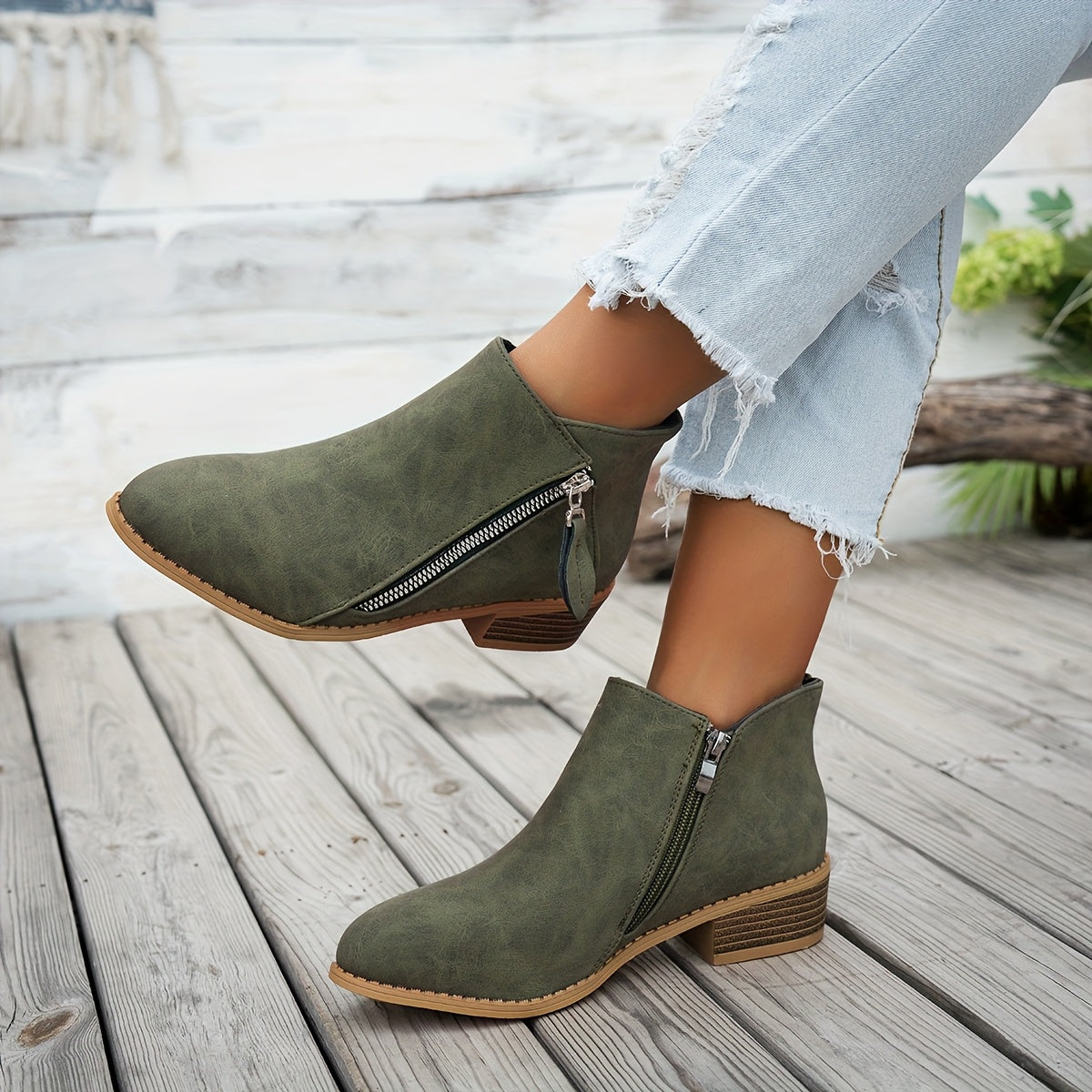 Women's Ankle Boots Pointed Toe Faux Leather Side Zipper All-Season Brown