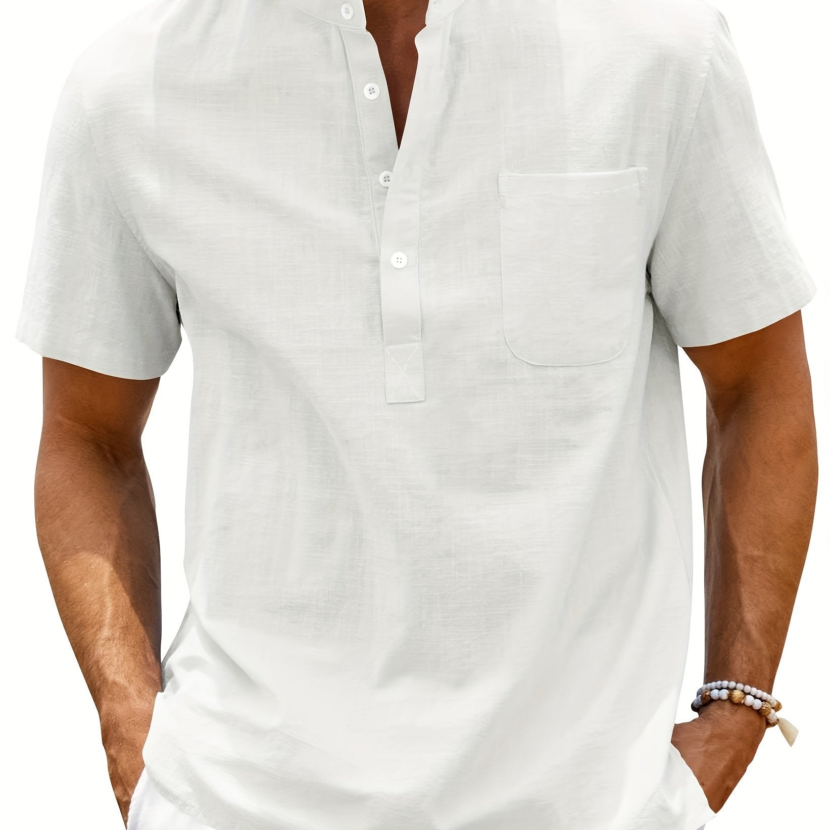 Men's Cotton Blend Short Sleeve Shirt with Stand Collar Pocket Solid Plus Size
