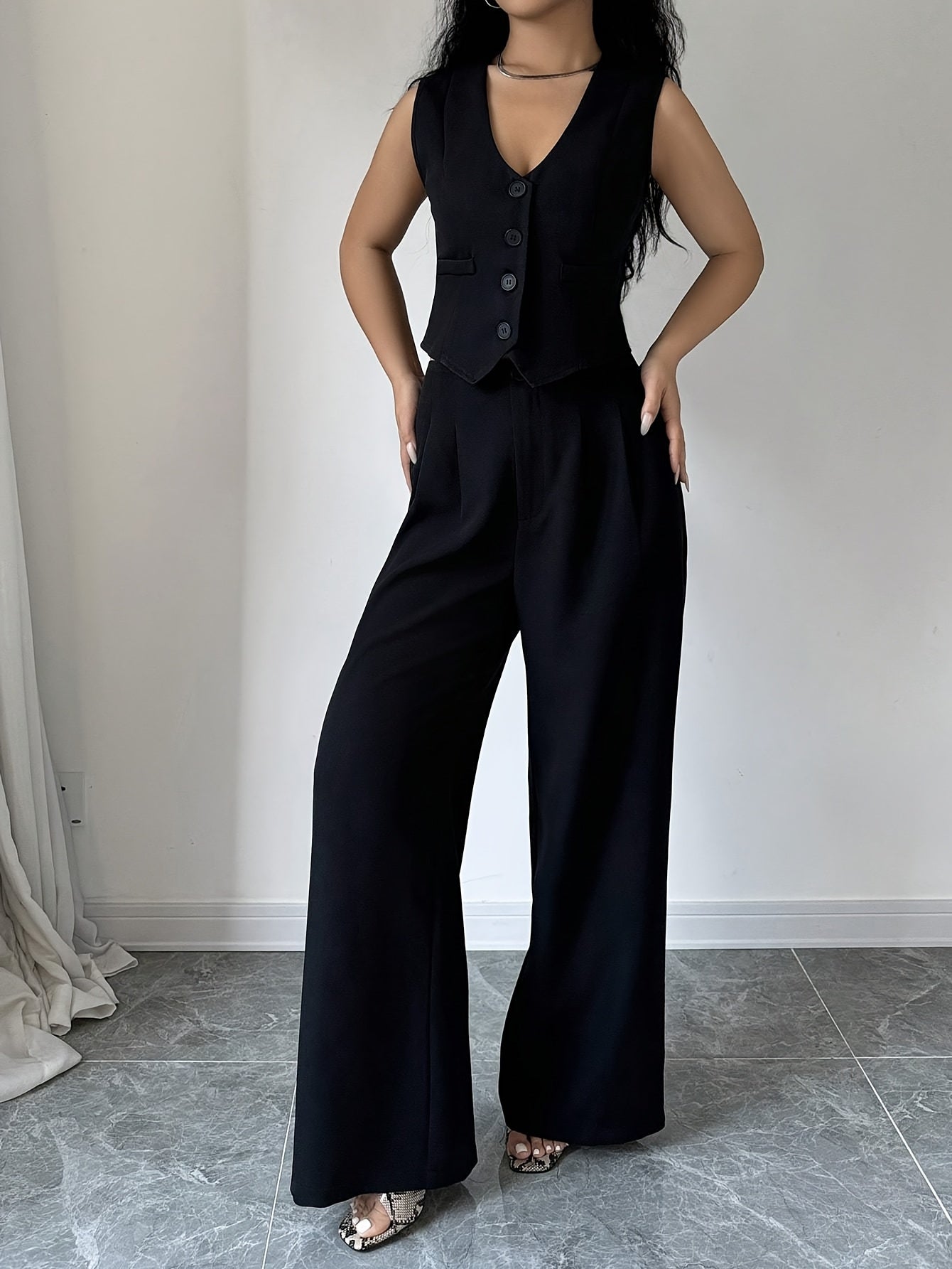 Women's V-Neck Solid Color Blazer Regular Fit Button Detail Spring Fall Polyester