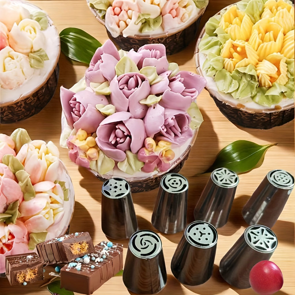 7 dona zanglamas po'latdan yasalgan rus piping uchi to'plami - oziq-ovqat uchun xavfsiz, tortlar, kekslar, pechene va pufflarni bezash uchun mukammal - tug'ilgan kunlar, partiyalar va uy pishiruvchilari uchun zarur pishirish asboblari