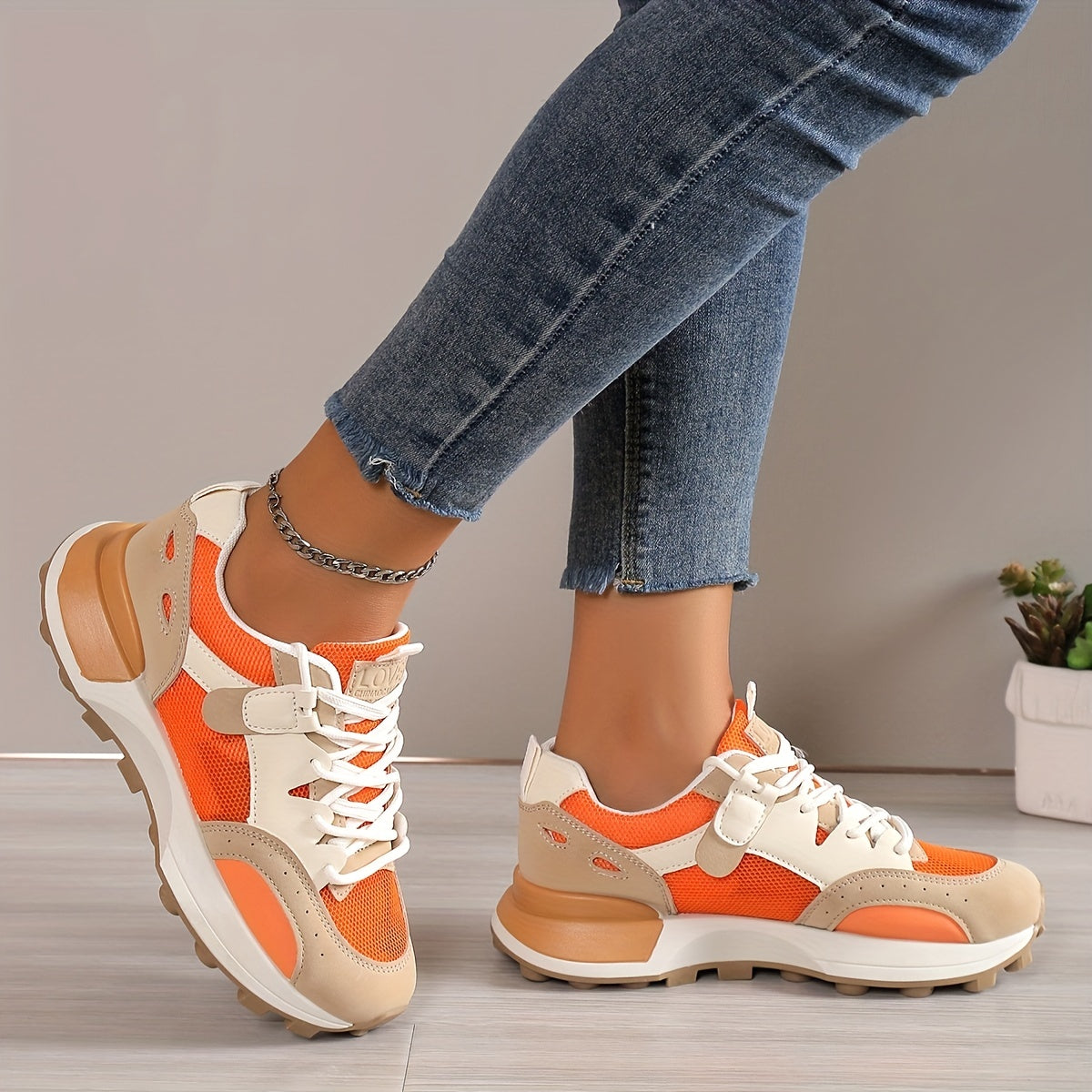 Women’s Colorblock Casual Sneakers, Lace Up Low-Top Breathable Trainers