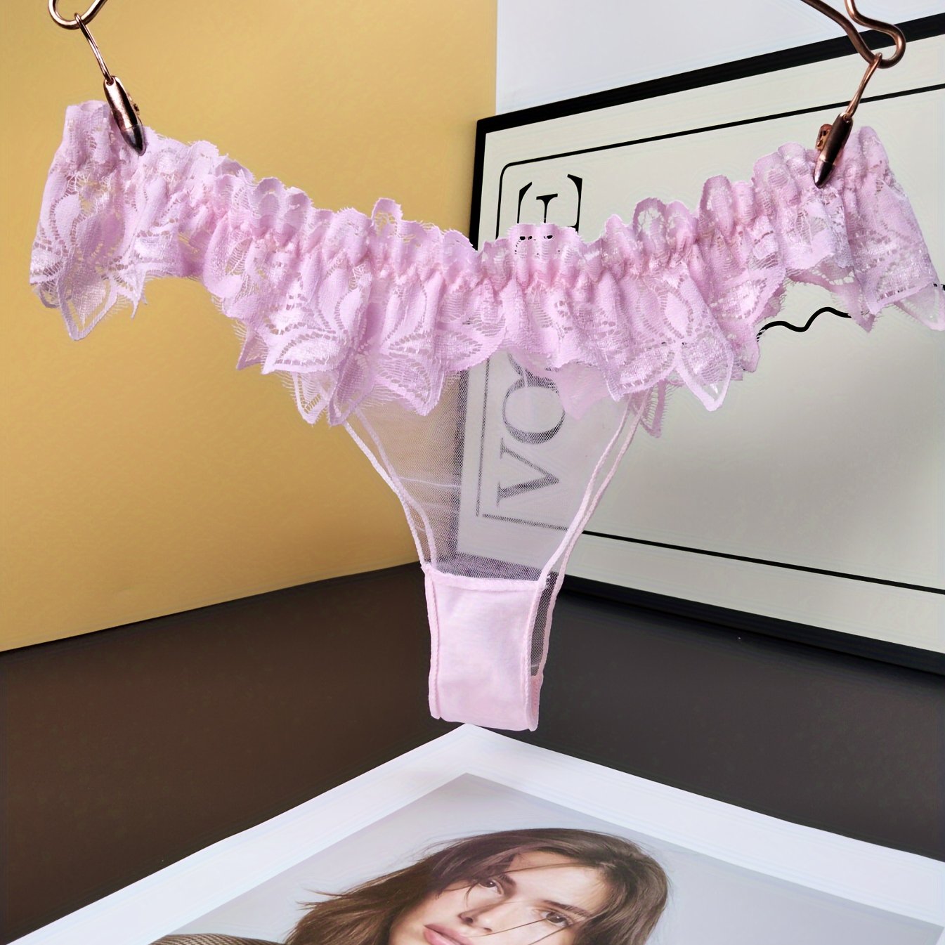 Women Sheer Lace Trim Thongs Low Waist Lingerie Underwear