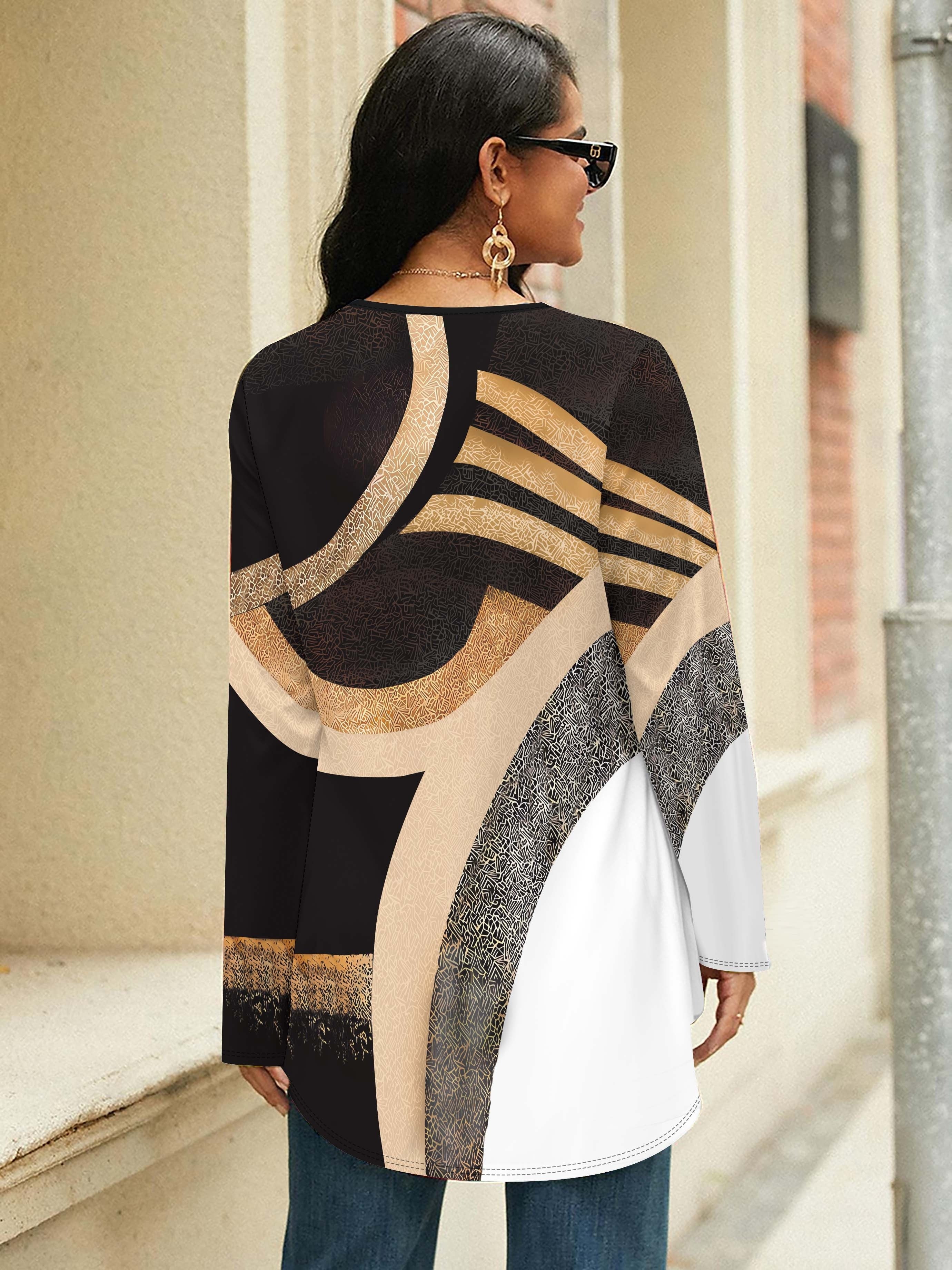 Plus Size Women's 3D Geometric Pattern Long Sleeve T-Shirt Polyester Stretch Fabric