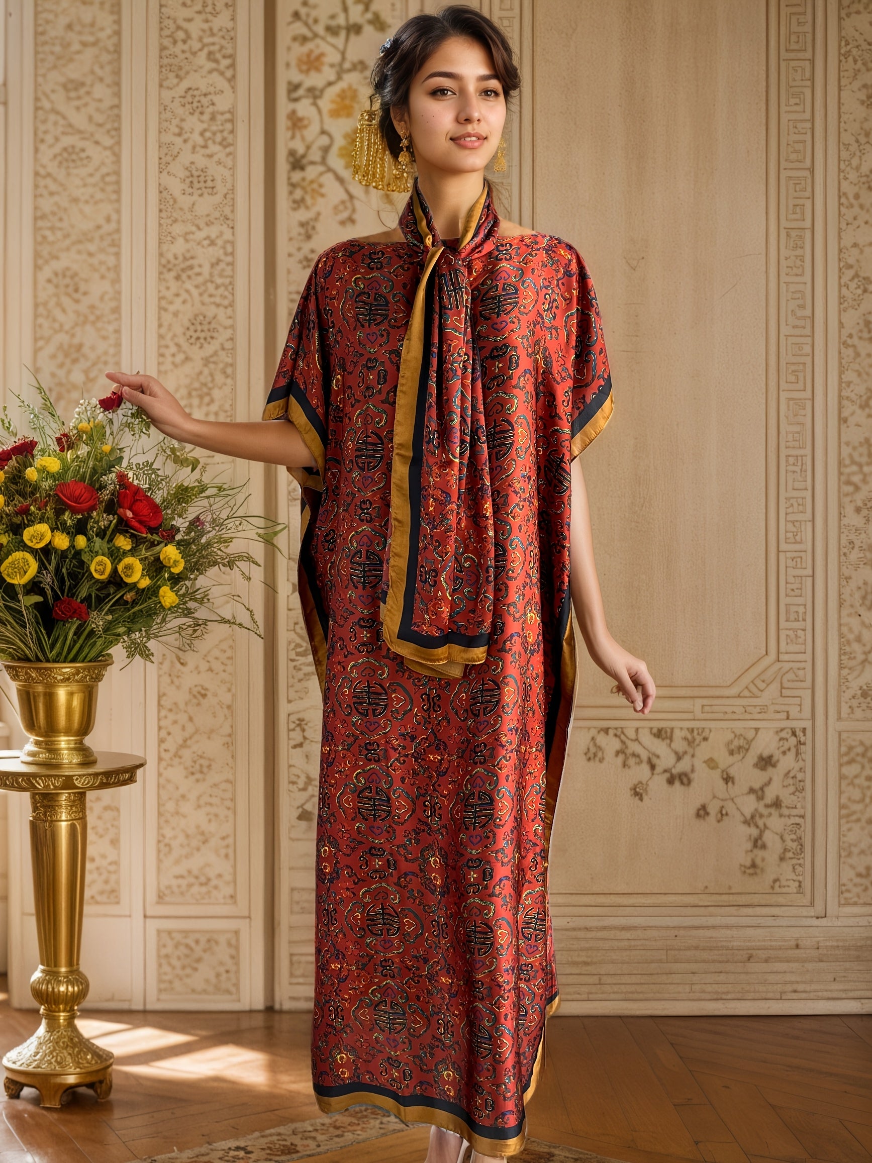 Plus Size Women's Floral Print Long Dress with Scarf Burgundy Golden Ethnic Style