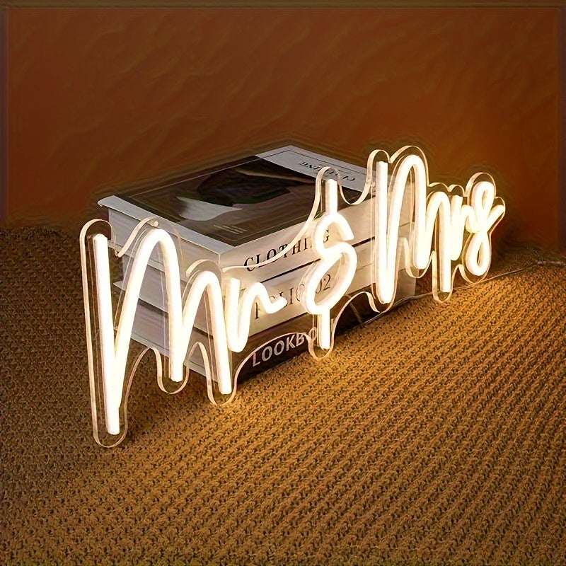 Neon Sign for Mr and Mrs USB Powered Wall Decor Wedding Anniversary Engagement Party Home Lighting 39.88x15.49cm
