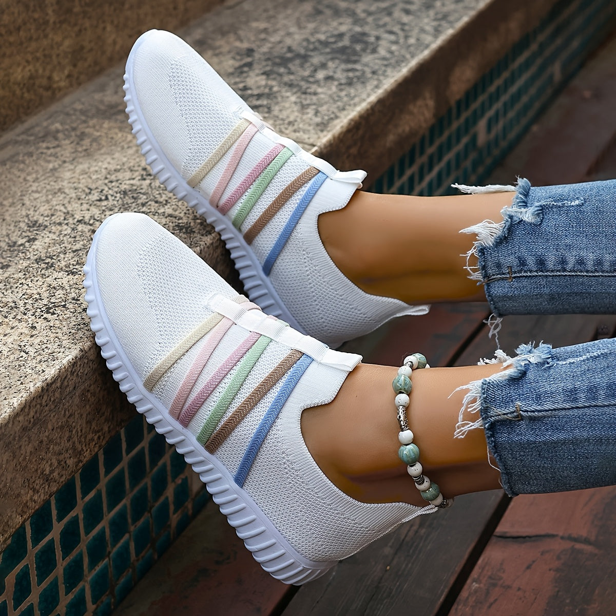 Women Casual Slip-On Sneakers White Fabric Low Top All-Season Comfort