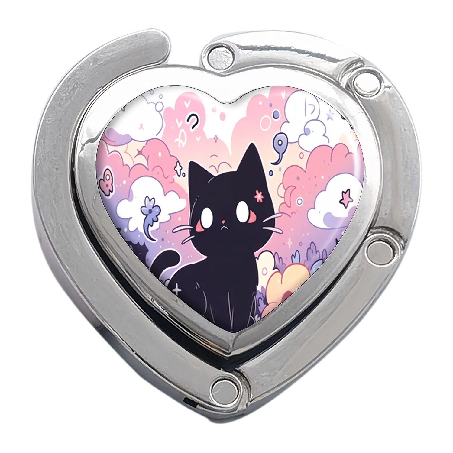 Heart-Shaped Purse Hanger with Black Cat Design Foldable Zinc Alloy Portable Bag Hook