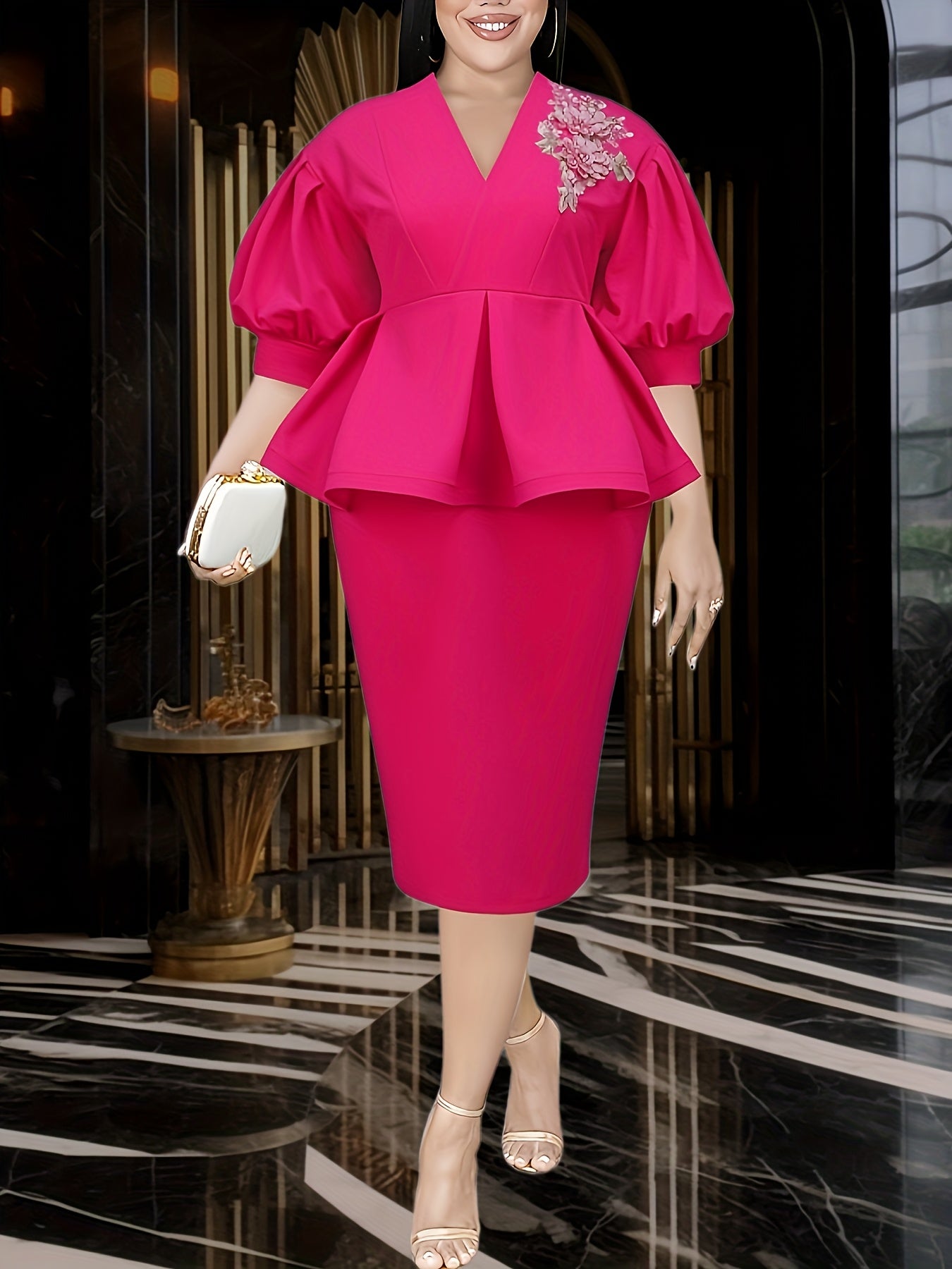 Women's Elegant V-Neck Puff Sleeve Ruffled Bodycon Dress for Parties