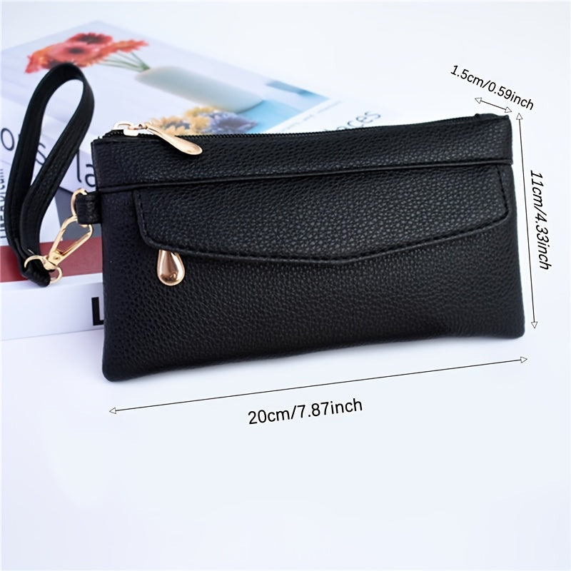 Black Zipper Wristlet Clutch Bag with Multiple Compartments for Women