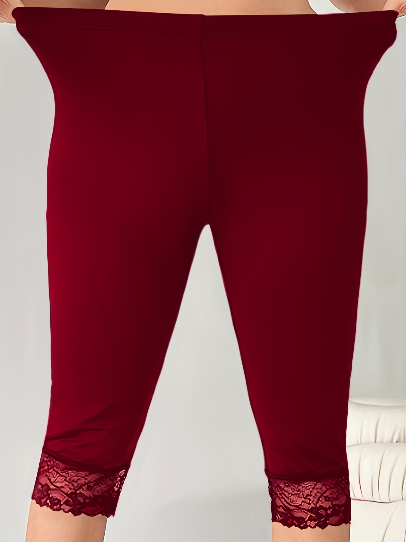 Women's Plus Size Black Capri Leggings with Lace Trim High Waist Stretchy