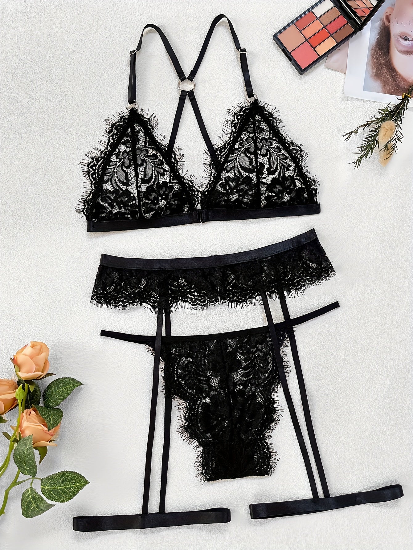Women's Floral Lace Lingerie Set with Bra Garter Belt Thong