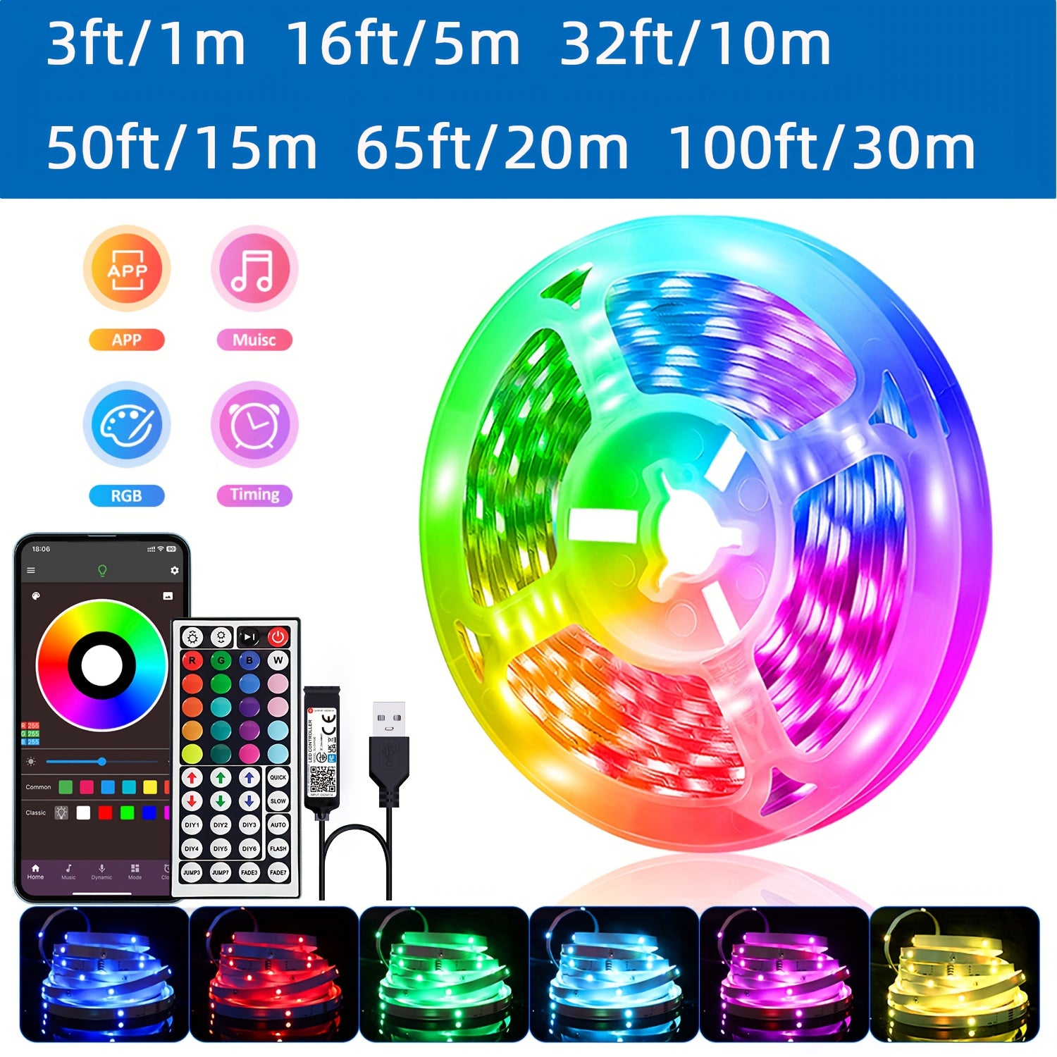 91.44cm-30.48m LED Strip Lights with Music Sync Remote App Control Dimmable Decoration