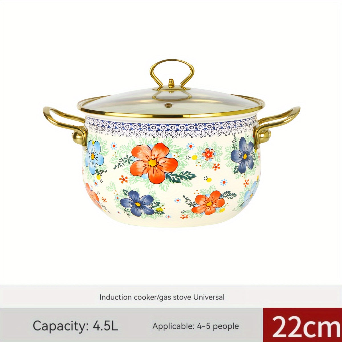 Enamel Soup and Stew Pot with Dual Handles, Clear Lid, Suitable for Gas and Induction Stoves