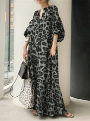Leopard Print Notched Neck Dress with Lantern Sleeves for Women