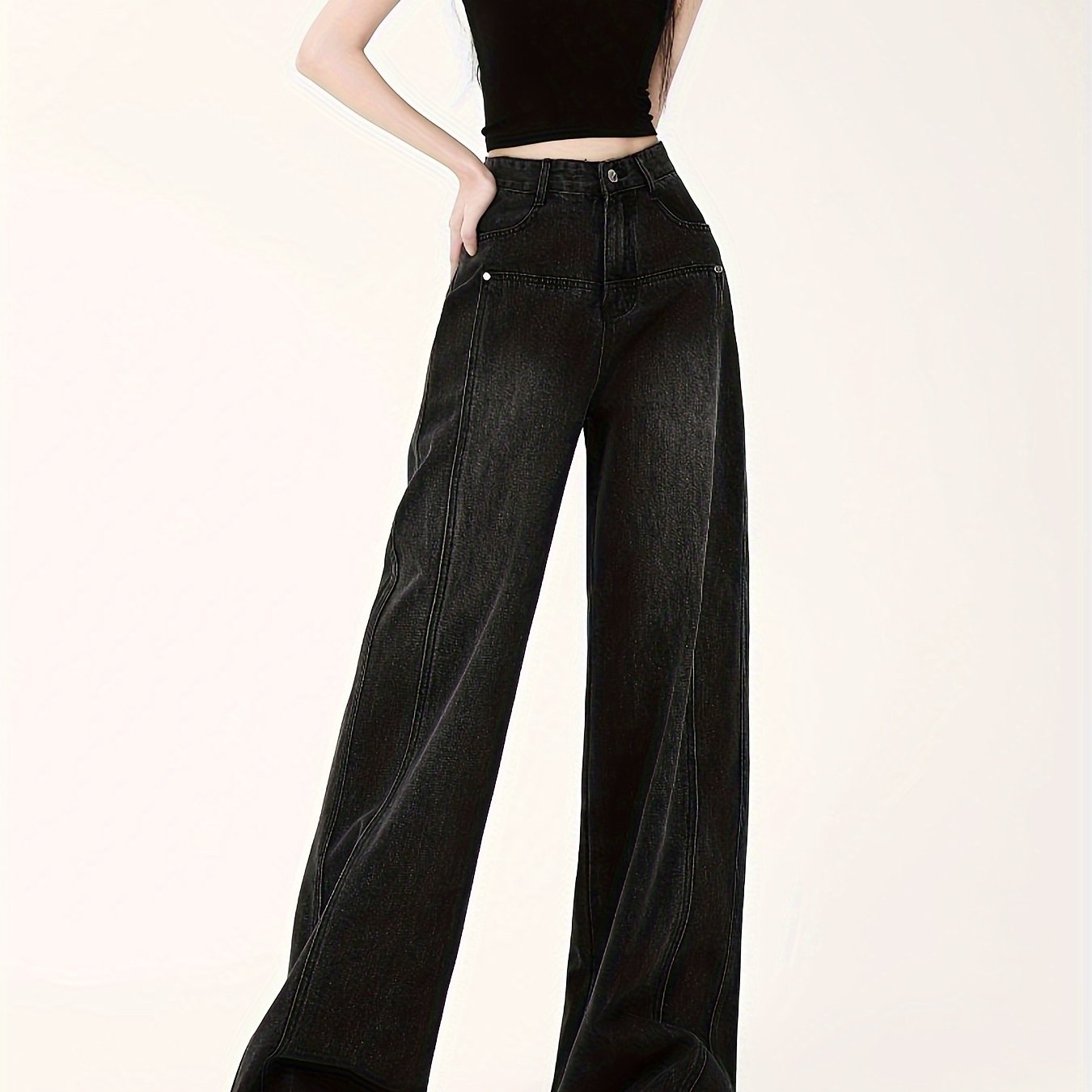Women's High-Waisted Wide Leg Jeans Cotton Blend Long Length Solid Casual All-Season