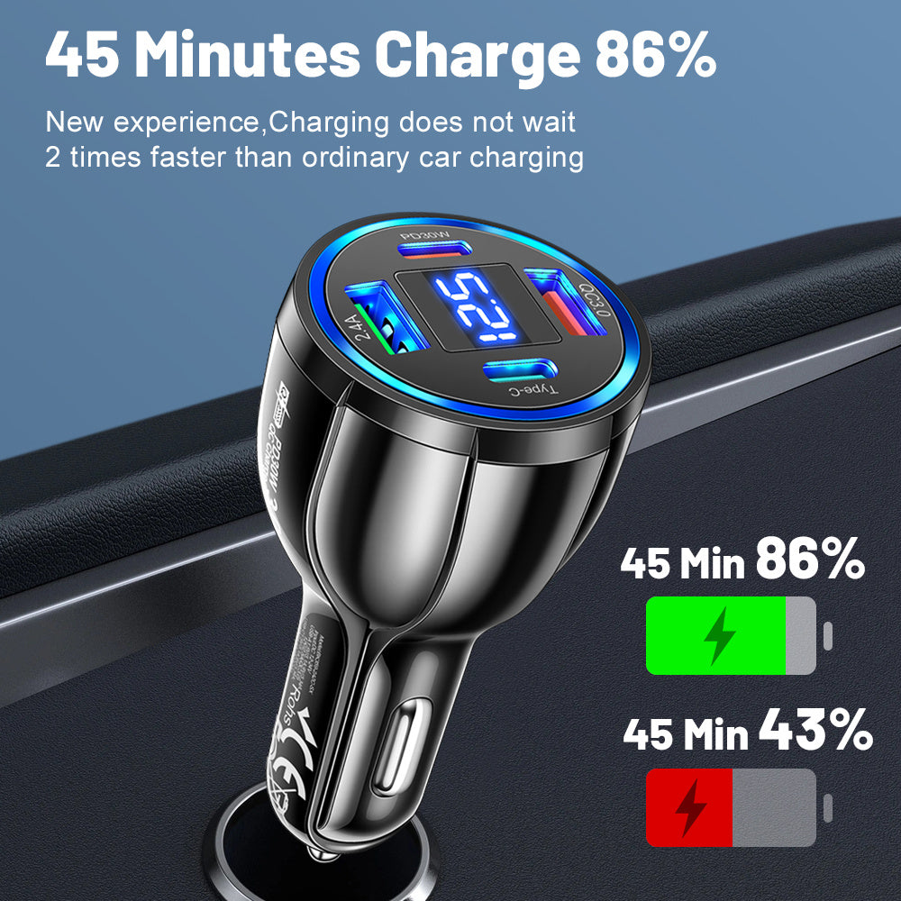 4-port tez avtomobil zaryadkasi raqamli displey bilan PD QC 3.0 Type C ko‘p qurilma uchun zaryadlash