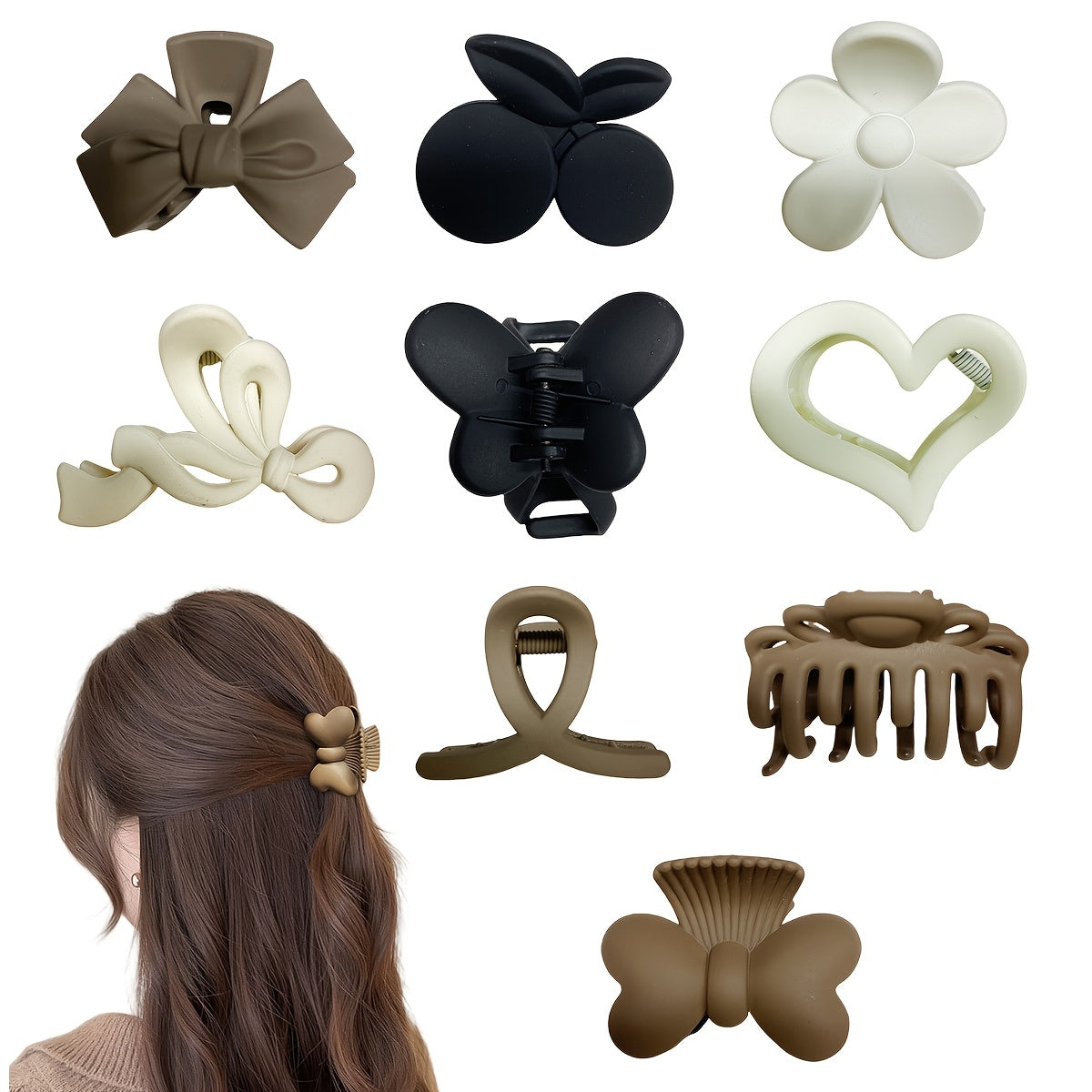Set of 9 Minimalist Plastic Hair Claw Clips for Women with Heart and Bow Tie Designs