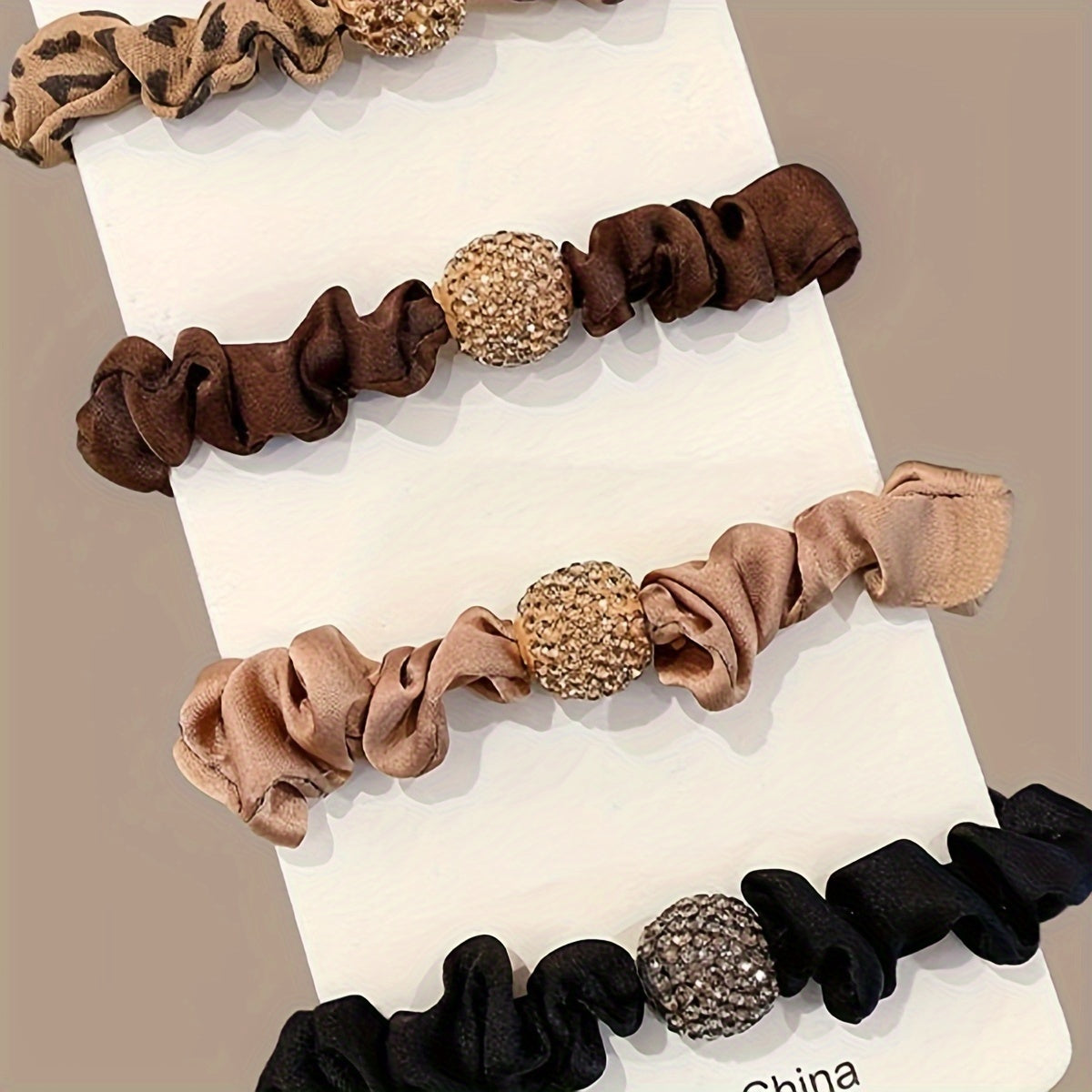 Set of 4 Rhinestone Hair Ties with Leopard and Solid Color Designs for Adults