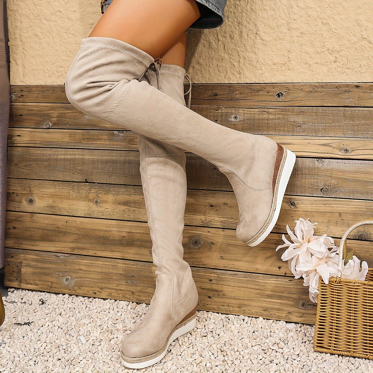 Women's Beige Over-the-Knee Boots With Thick Sole and Elastic Fit
